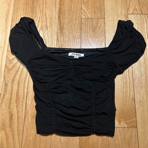 Steve Madden Ruched Puff-Sleeve Mesh Top – XS Black